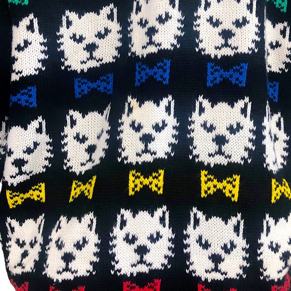VINTAGE 90s Gerard Works Graphic Scottie Bowtie Dog Knit Cardigan Sweater - Picture 4 of 6